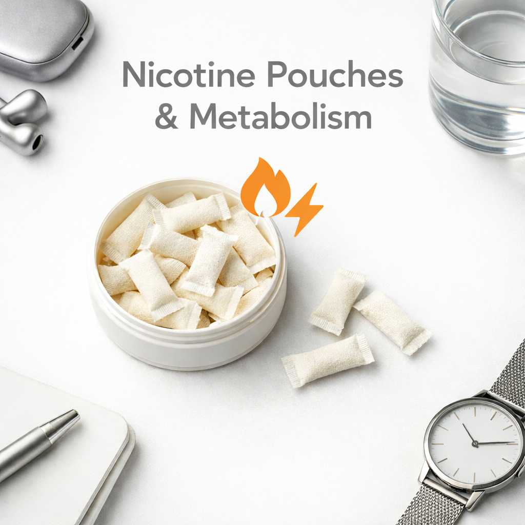 Open container of nicotine pouches on a clean white surface, illustrating the connection between nicotine pouches and metabolism.