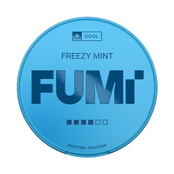 A round blue can of FUMi Freezy Mint nicotine pouches, featuring the brand name 'FUMi' in dark blue on a light blue background.