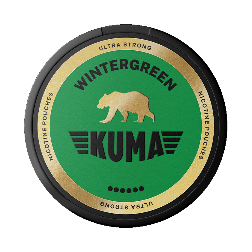 Kuma Wintergreen nicotine pouches container with green and gold design on a white background