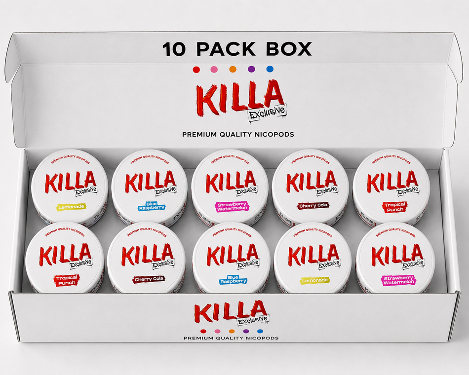 An open white 10-pack box of Killa Smoking Nicopods, showing ten small round white jars with colorful flavor labels arranged inside. The box lid displays the brand name 'KILLA' and '10 PACK BOX' text.