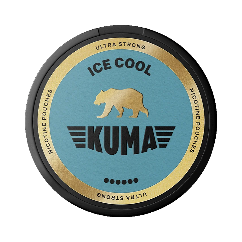 Kuma nicotine pouches container with blue and gold label on a white background