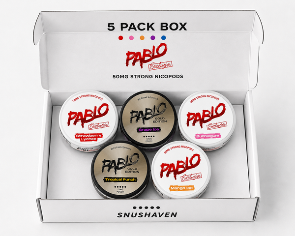 A 5-pack box of Pablo Creations Strong Nicopods, containing five small round jars of nicotine pouches arranged inside an open white cardboard box. The box lid features the text '5 PACK BOX' and 'PABLO Creations', while the jars display various flavor labels including Strawberry Lil' and Tropical Punch.