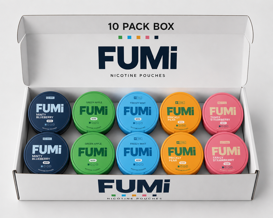 An open white FUMi 10-pack box containing ten round nicotine pouch canisters in assorted colors, including blue, green, light blue, orange, and pink, arranged in two rows on a light gray background.