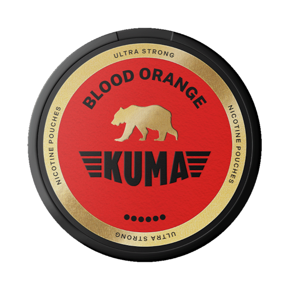A round tin of Kuma Ultra Strong Blood Orange nicotine pouches, featuring a red and gold label with a bear logo and black text, isolated on a white background.