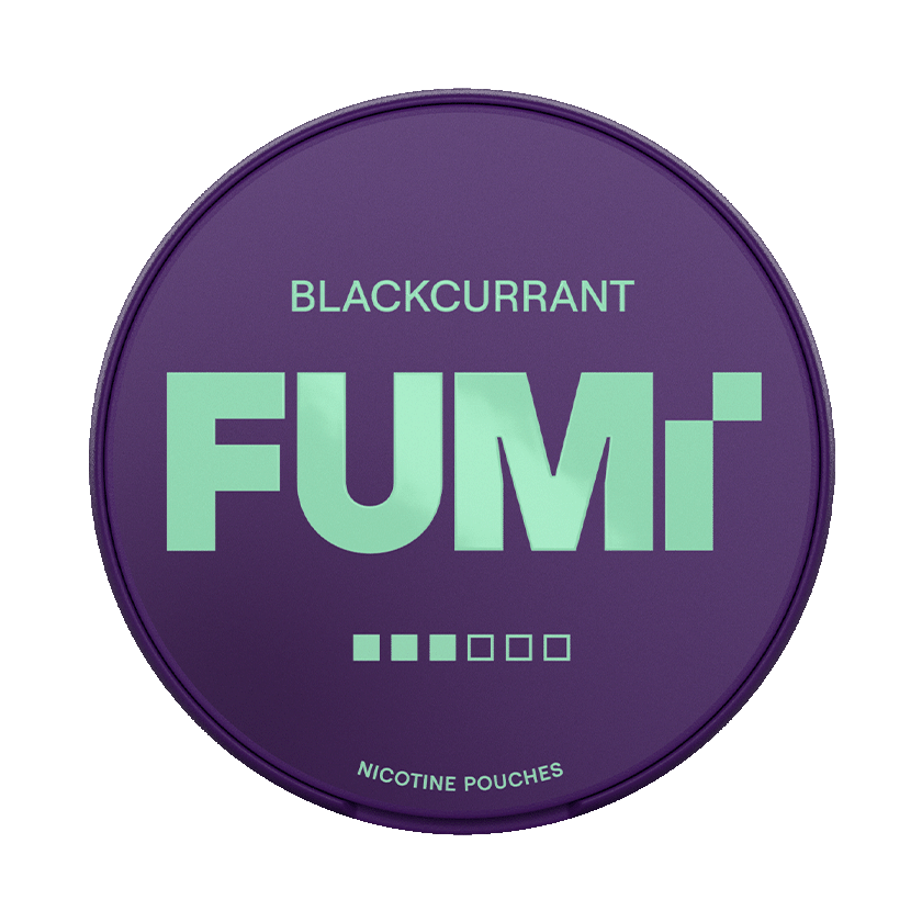 Purple container labeled 'FUMi' with 'Blackcurrant' flavor on a white background