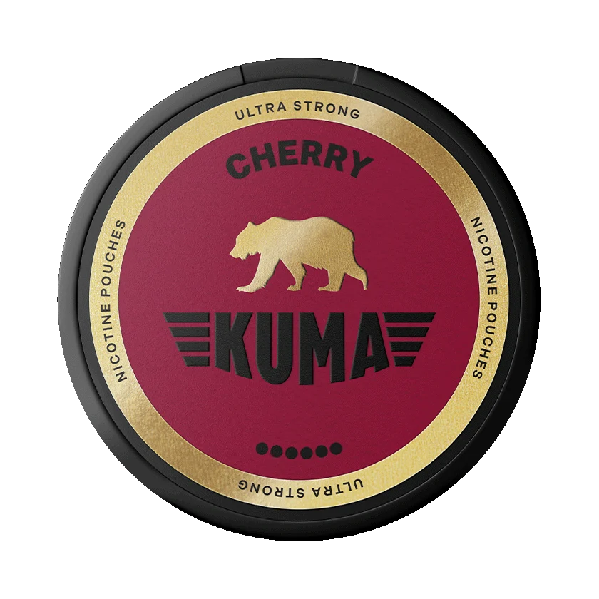 A round black tin of Kuma Nicotine Pouches in the Cherry flavor, featuring a deep red center with a gold bear logo and gold outer ring, on a plain white background.