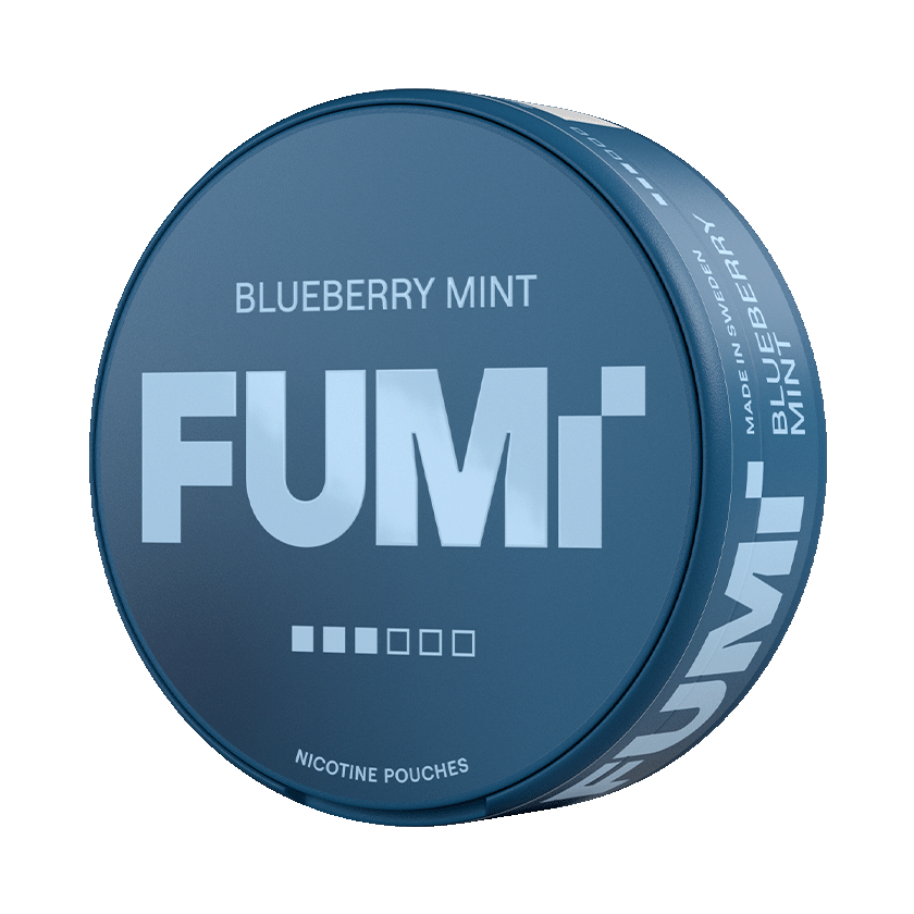 A round blue nicotine pouch can labeled 'BLUEBERRY MINT' with large white 'FUMi' branding on a plain white background.