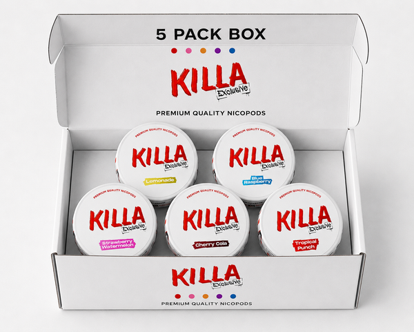 Open white Killa Exclusive 5-pack box containing five round white nicodrops jars with red branding and small multicolor flavor labels, photographed on a clean white background.