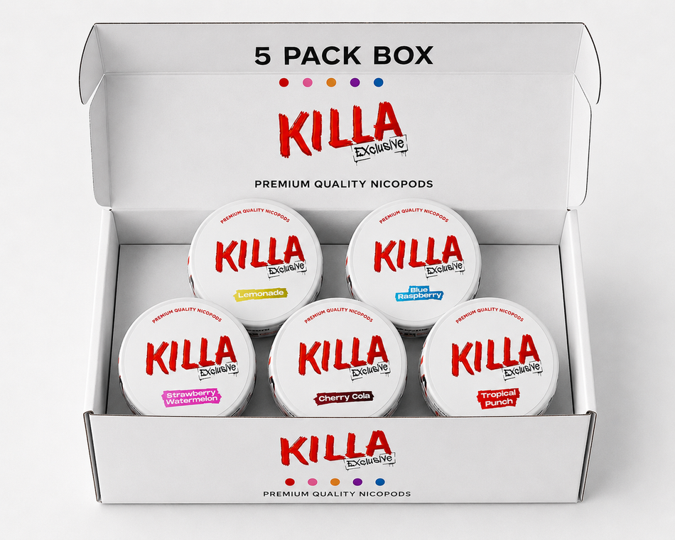Open white Killa Exclusive 5-pack box containing five round white nicodrops jars with red branding and small multicolor flavor labels, photographed on a clean white background.