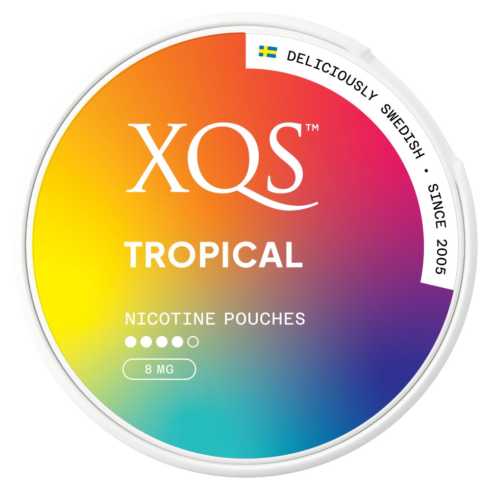 XQS Tropical nicotine pouches container with colorful gradient design on a white background