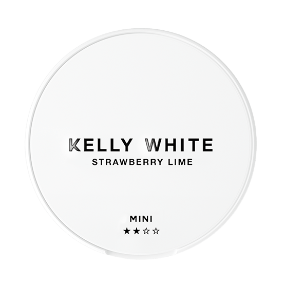 Round container with 'Kelly White Strawberry Lime' text on a white background