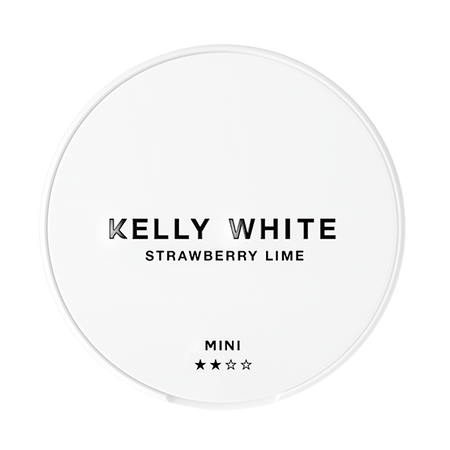 Round container with 'Kelly White Strawberry Lime' text on a white background