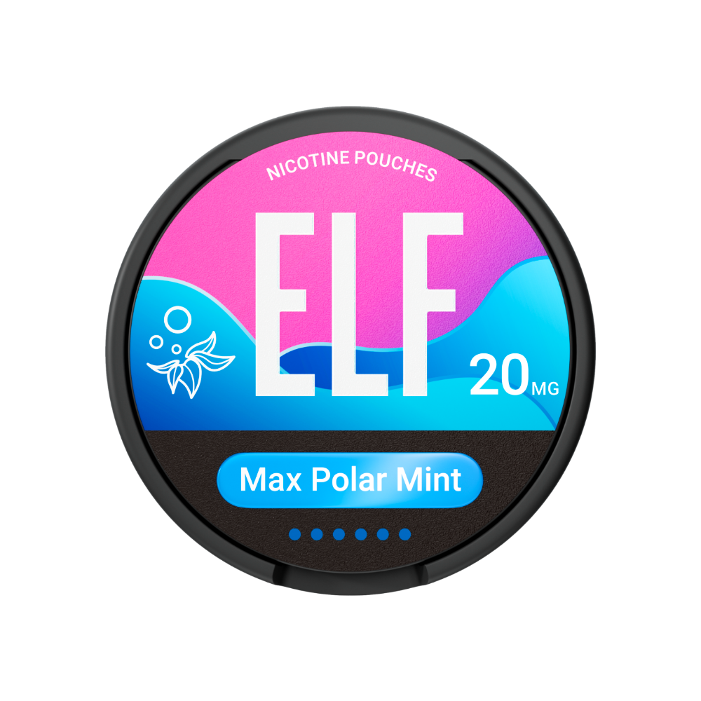 Nicotine pouch container with ELF branding on a white background