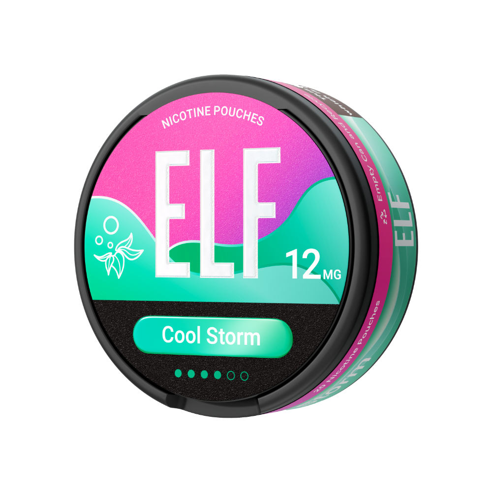 ELF nicotine pouch container with 'Cool Storm' flavor on a white background