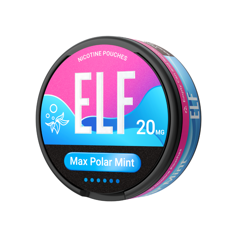 ELF nicotine pouch container with pink and blue design on a white background