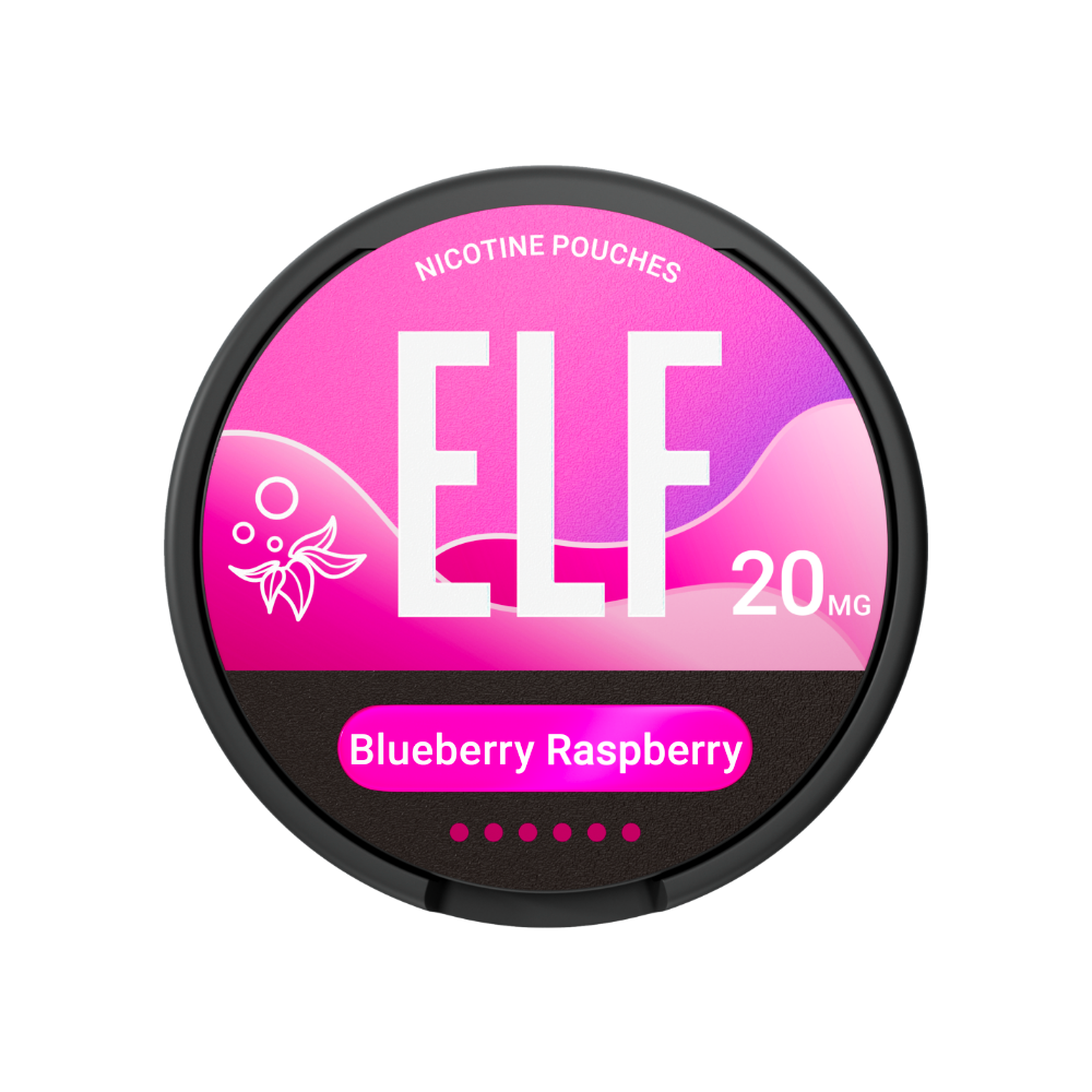 ELF nicotine pouch container with pink label on a white background