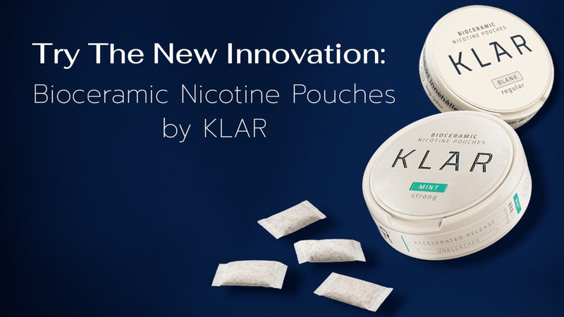 Two white round tins of KLAR bioceramic nicotine pouches with several small white sachets on a dark blue background, alongside promotional text reading 'Try The New Innovation: Bioceramic Nicotine Pouches by KLAR'.