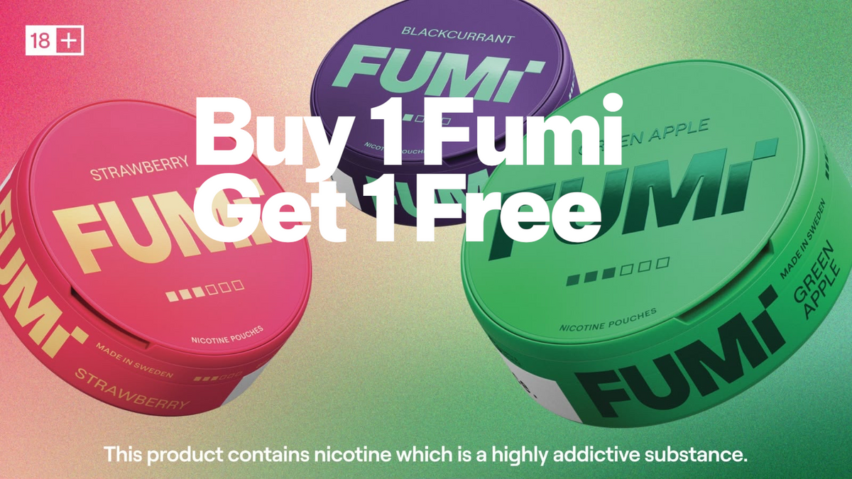 Three Fumi nicotine pouches in colorful packaging are shown on a gradient background with a large promotional text overlay reading 'Buy 1 Fumi Get 1 Free'. The pouches are labeled Strawberry, Blackcurrant, and Green Apple.